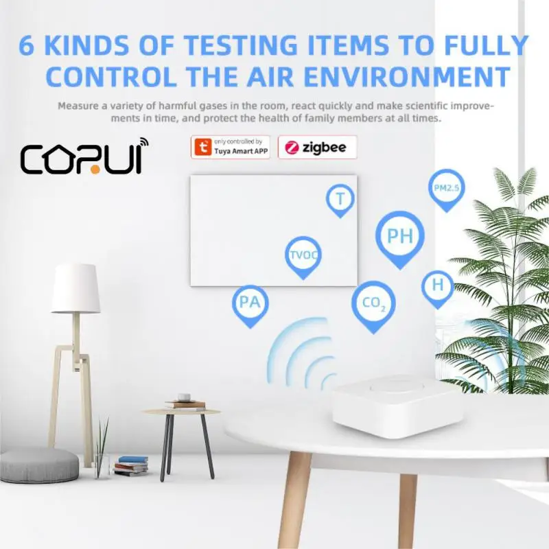 CORUI Tuya Zigbee 6 In 1 Smart Air Box PM2.5 Formaldehyde VOC CO2 Temperature Humidity Smart Sensor Automation Alarm Detector
CORUI Tuya Zigbee 6 In 1 Smart Air Box PM2.5 Formaldehyde VOC CO2 Temperature Humidity Smart Sensor Automation Alarm Detector