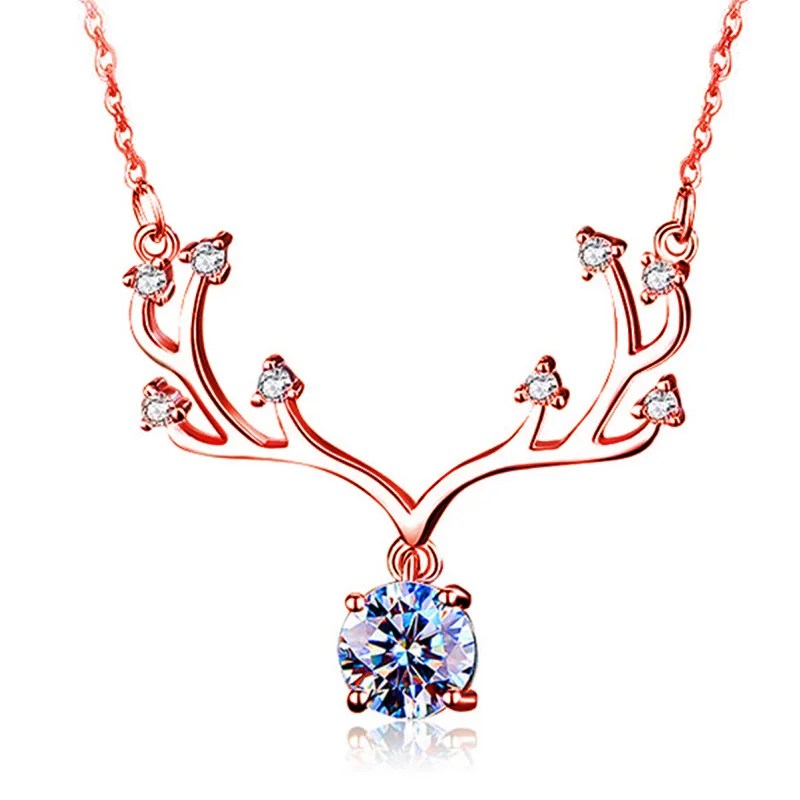 

Ожерелье из розового золота и серебра с оленем, модное темпераментное ожерелье с оленьими рогами, рождественский подарок, роскошные ожерелья с муассанитом