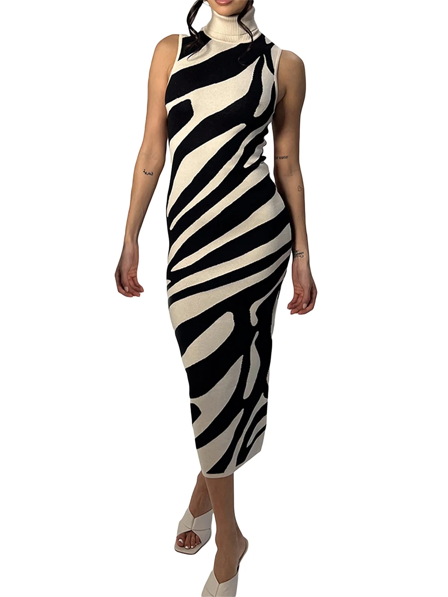 

Женское трикотажное платье Y2K, элегантное сказочное облегающее Привлекательное платье без рукавов с принтом и высоким воротником