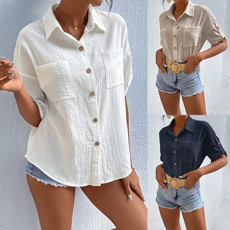 Summer New Cardigan Cotton Linen Top Short Sleeve Patch Pocket White Shirt for Women
Summer New Cardigan Cotton Linen Top Short Sleeve Patch Pocket White Shirt for Women