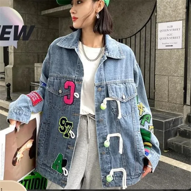 

Denim Jacket Women Korean Fashion Design 2023 Autumn Splicing Loose Thin Flocking Letter Color Matching Street Cowboy Coat Retro
