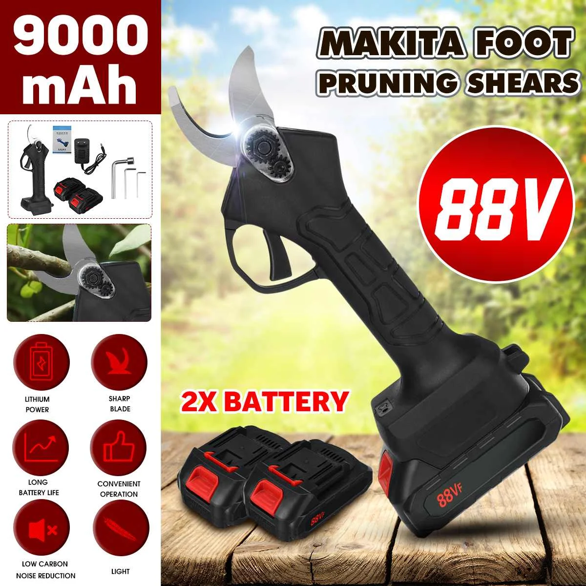 88V Cordless Pruner 9000mAh Lithium-ion Battery Pruning Shear Efficient Fruit Tree Bonsai Pruning Electric Tree Branches Cutter
88V Cordless Pruner 9000mAh Lithium-ion Battery Pruning Shear Efficient Fruit Tree Bonsai Pruning Electric Tree Branches Cutter