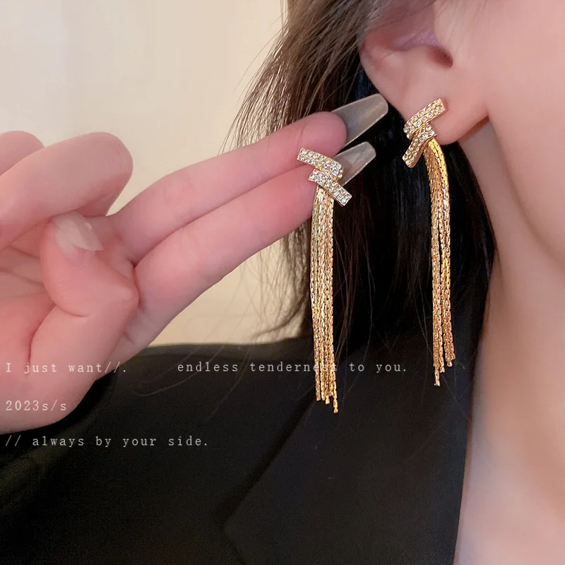 

Silver Needle Studded With Diamonds Geometric Tassel Earrings Cool Stylish Temperament Niche Personalized Design Earrings