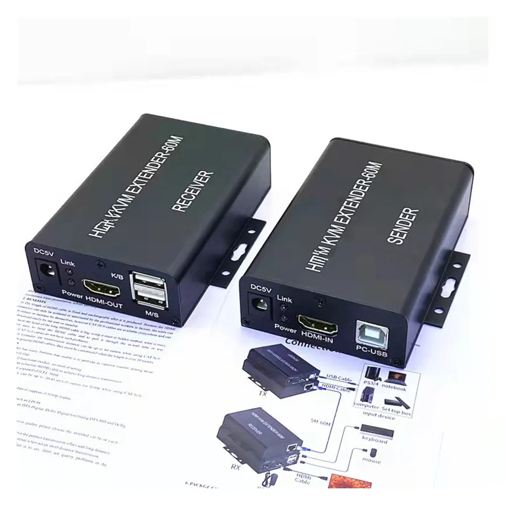 Newst HDMI KVM extender 60M over cat5/6 ethernet cable 1080P USB Extende Audio Video Converter For PC Ps5 TV Mon | Электроника