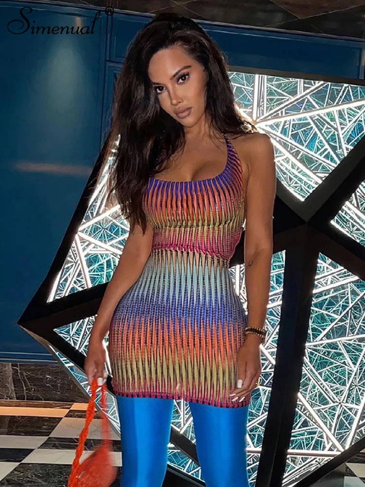 

Simenual Hollow Out Multicolor Rainbow Party Mini Dress Strap Bandage See Through Sexy Night Clubwear Summer Bodycon Dresses Hot