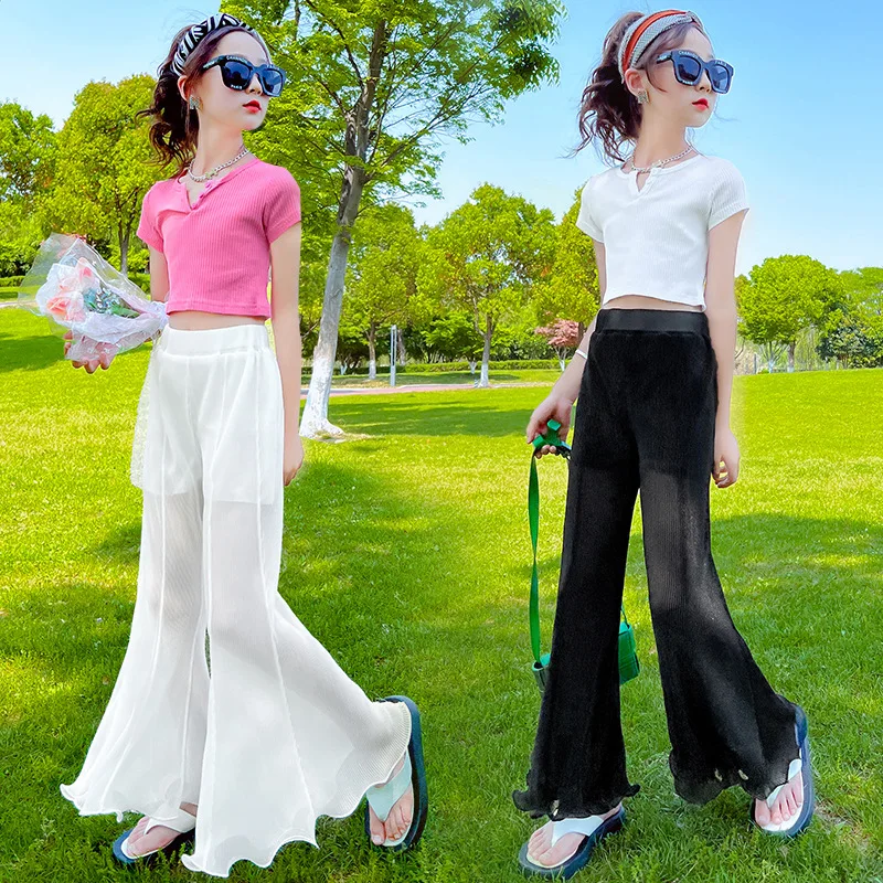 

baby girls summer wide leg pants bell bottoms teenage kids clothes ruffles ruched see through children pantalon 6 to 16 yrs