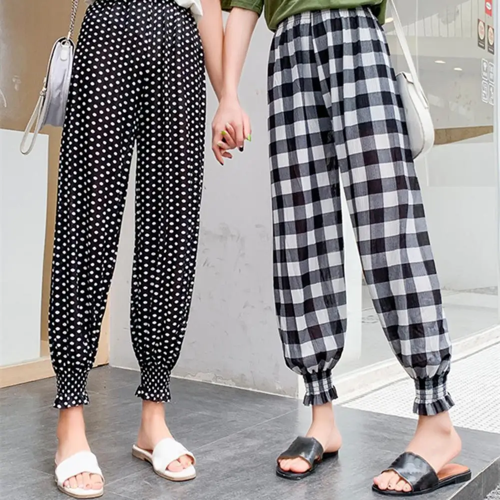 

Casual Trousers High Waist Elastic Waistband Shrinkable Cuffs Ice Silk Women Pants Summer Plaid Dot Print Casual Bloomers