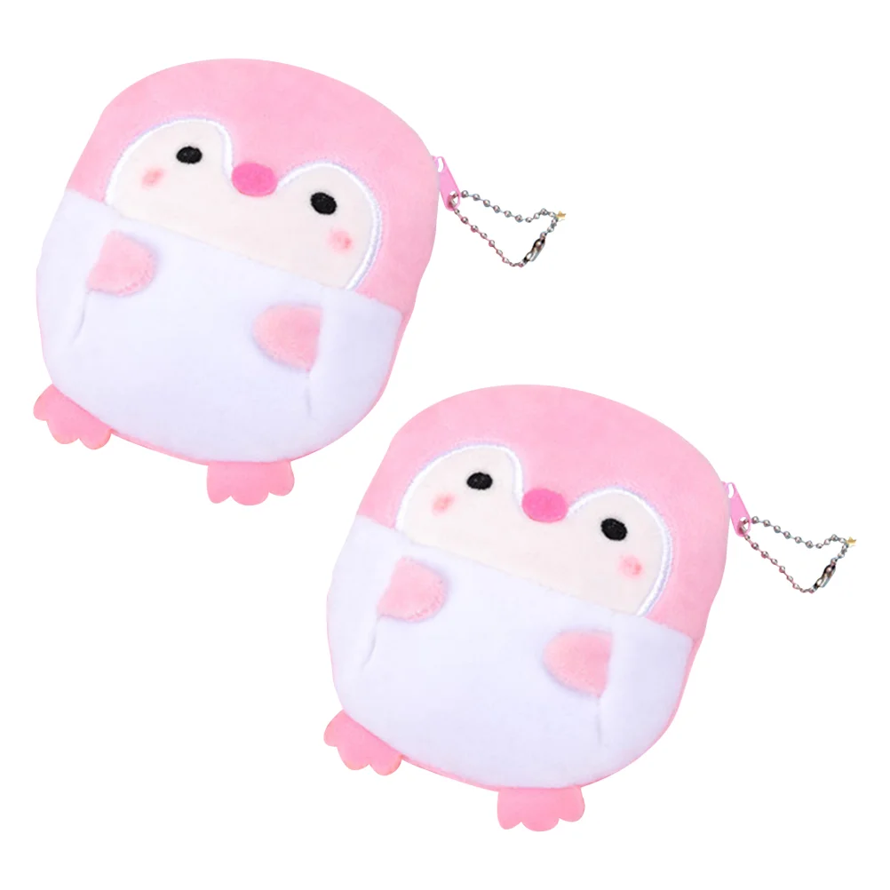 

2 Pcs Mini Purse Girls Penguin Plush Change Bag Animal 13X11X2CM Portable Changes Key Pink Coins Organizing Pouch Man