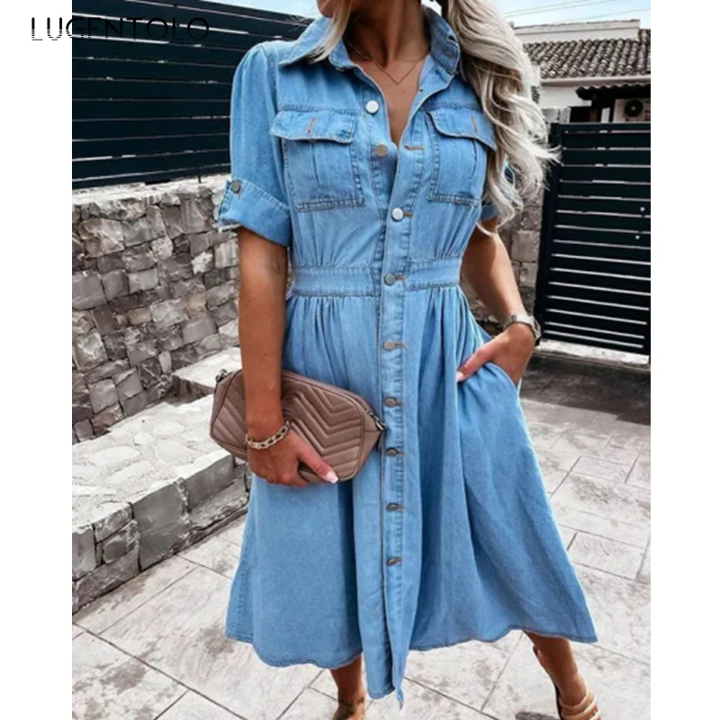 Women Denim Dress Lapel Single-breasted Slim Spring Pocket Blue Dresses Female Casual Big Swing Long Dress
Women Denim Dress Lapel Single-breasted Slim Spring Pocket Blue Dresses Female Casual Big Swing Long Dress