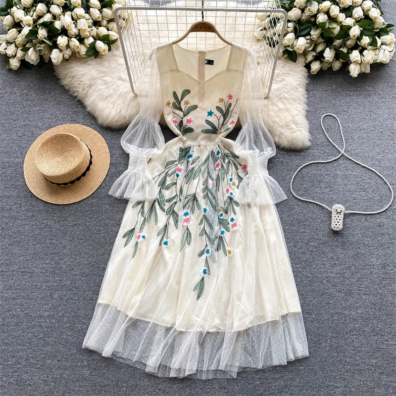 

Женское винтажное платье с цветочной вышивкой, Сетчатое платье-трапеция средней длины с длинным рукавом и квадратным вырезом, платье с высокой талией для лета