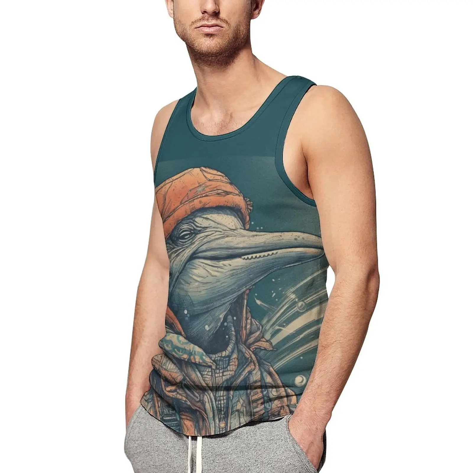 

Dolphin Tank Top Male Pop Caricatures Illustration Tops Daily Printed Training Muscle Oversized Sleeveless Vests