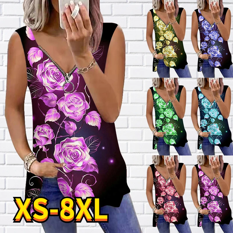 Майка женская без рукавов, на молнии, с V-образным вырезом и цветочным принтом 
Майка женская без рукавов, на молнии, с V-образным вырезом и цветочным принтом