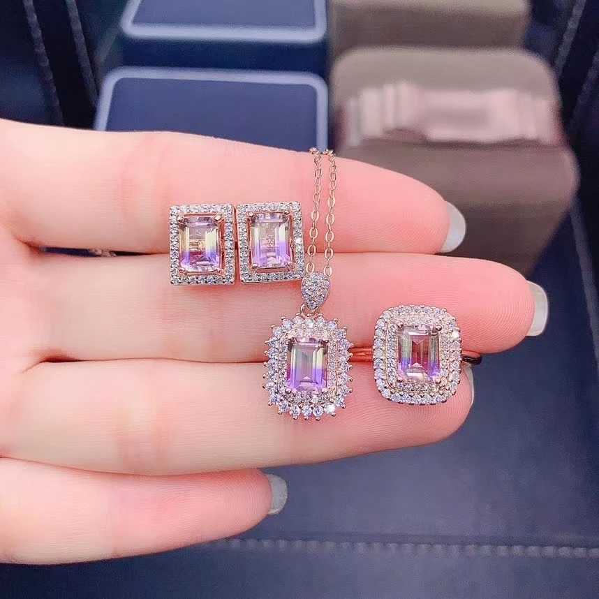 MeiBaPJ High Quality Ametrine Gemstone Fine Wedding Jewelry Set 925 Pure Silver Recktangle Necklace Ring Earrings Suit for Women
MeiBaPJ High Quality Ametrine Gemstone Fine Wedding Jewelry Set 925 Pure Silver Recktangle Necklace Ring Earrings Suit for Women