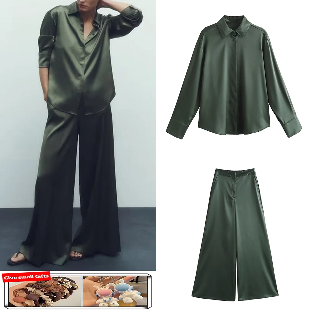 New autumn women's fashionable silk satin texture shirt wide leg pants suit
New autumn women's fashionable silk satin texture shirt wide leg pants suit