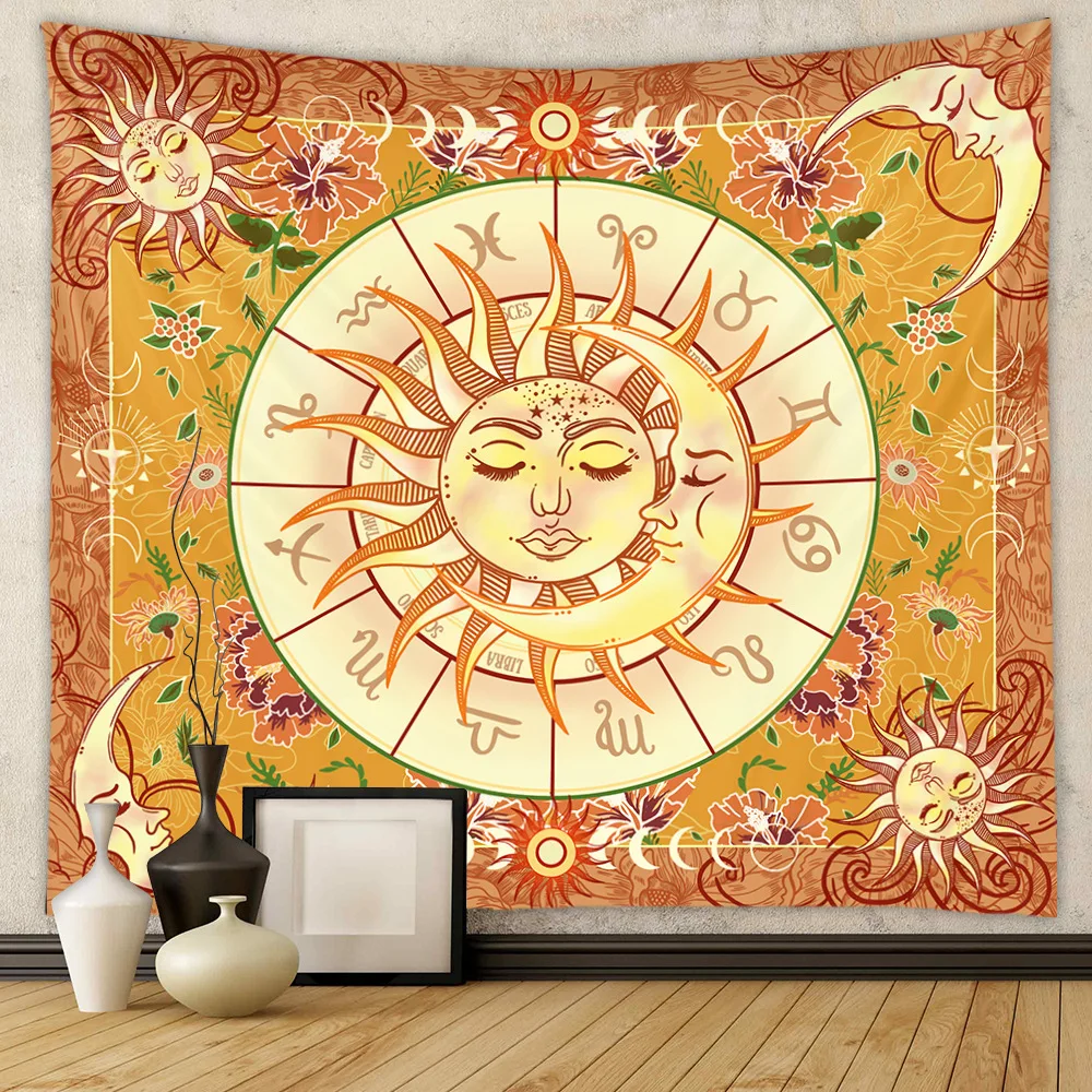 

Burning Sun Mandala Bohemian Tapestry Mystical Flower Vine Tapestry Hippie Tapestry Moon Sun Wall-mounted Room Fabric Decoration