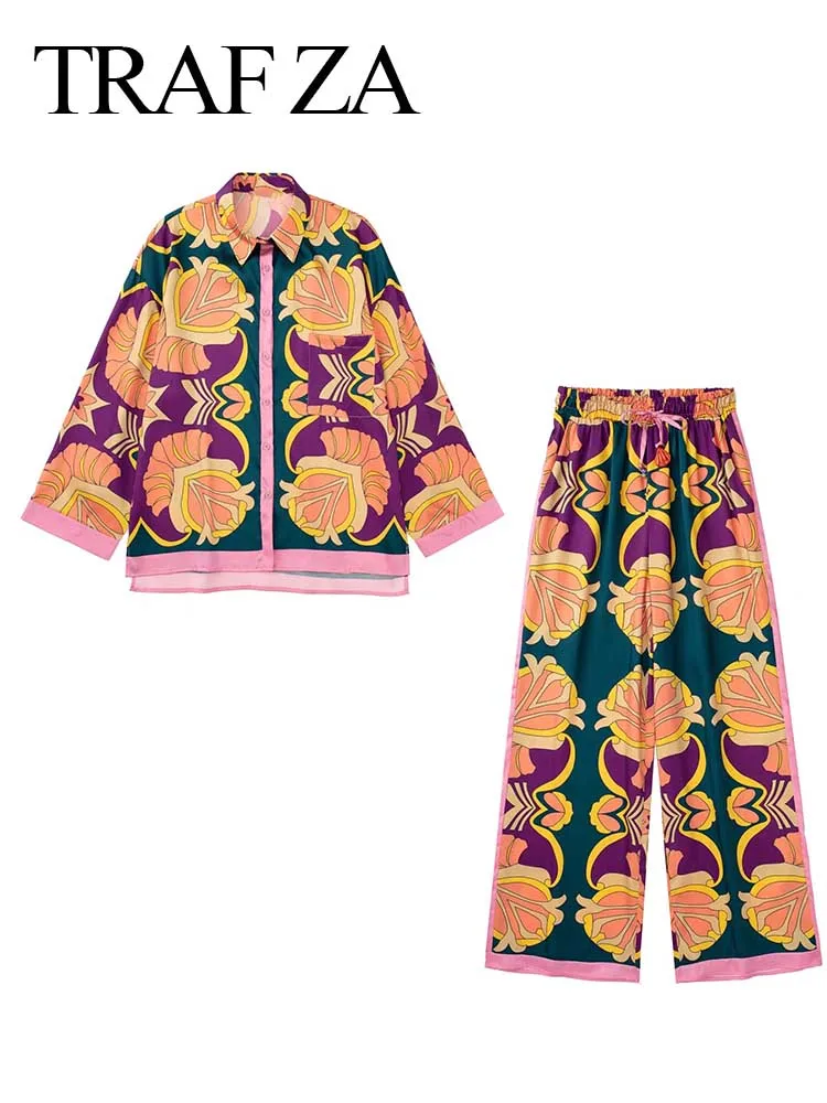 TRAF ZA Long Sleeve Lightweight Ladies Shirt Elastic Waist Wide Leg Pants Color Print Beach Beach Resort Leisure Ladies Suit 
TRAF ZA Long Sleeve Lightweight Ladies Shirt Elastic Waist Wide Leg Pants Color Print Beach Beach Resort Leisure Ladies Suit