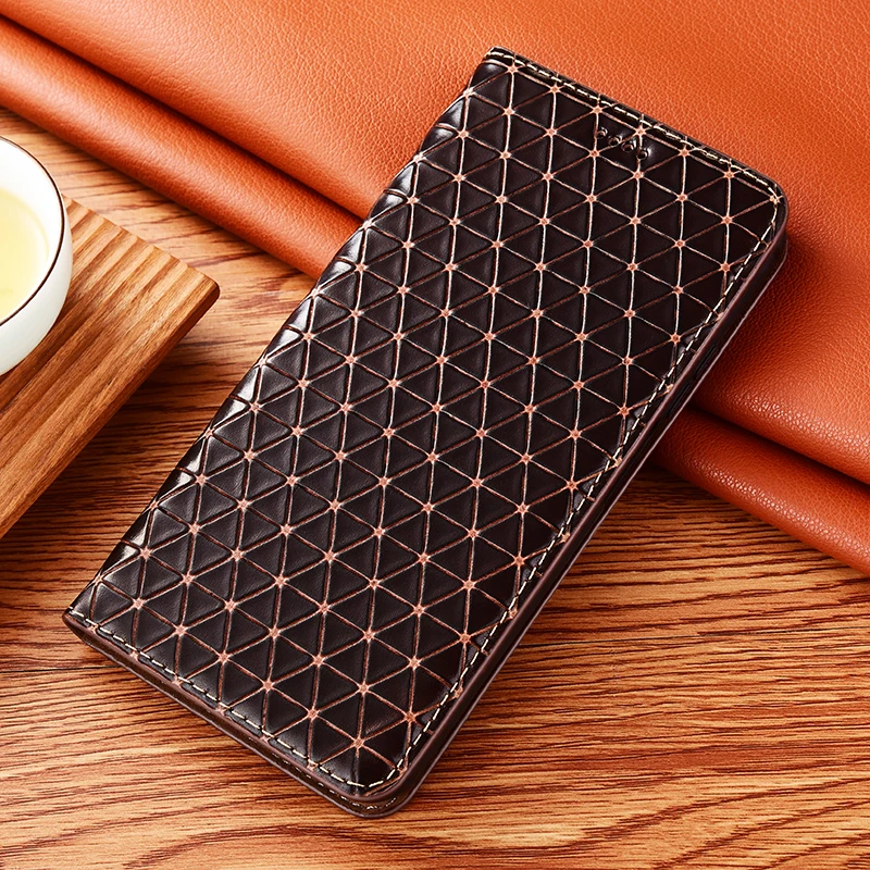 

Grid Pattern Genuine Leather Flip Phone Case For Tecno Camon 12 15 16 16S 17 17P 18 18T 18i 18P 19 Air Premie Neo Wallet Cover