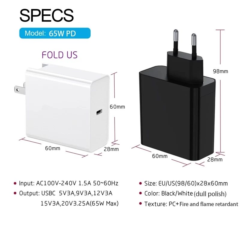 65W 20V 3.25A USB Type C PD Charger USB C Power Laptop Adapter With cable for iPad Pro / iPad Airi 4 / MacBook pro thinkpad
65W 20V 3.25A USB Type C PD Charger USB C Power Laptop Adapter With cable for iPad Pro / iPad Airi 4 / MacBook pro thinkpad