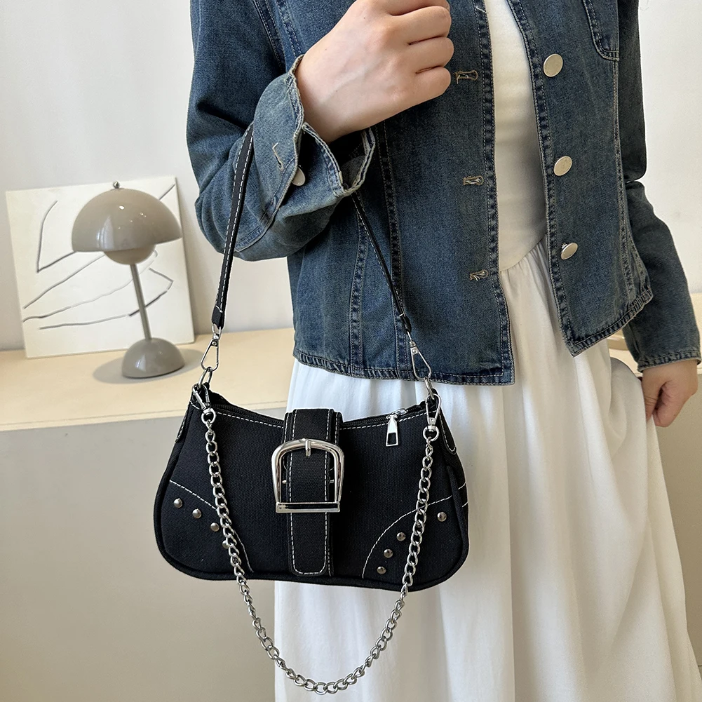 

Women Vintage Rivet Bag Y2K Fashion Underarm Bag Canvas Casual Armpit Bag Zipper Closure Versatile Dating Bag