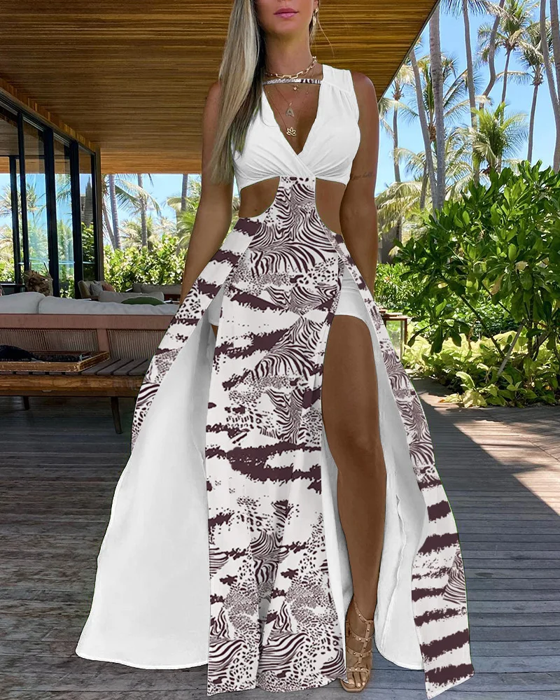 

Zebra Stripe Tie Dye Print Cutout High Slit Maxi Dress Women V Neck Long Loose Dress New Spring Summer Hollow Out Sexy