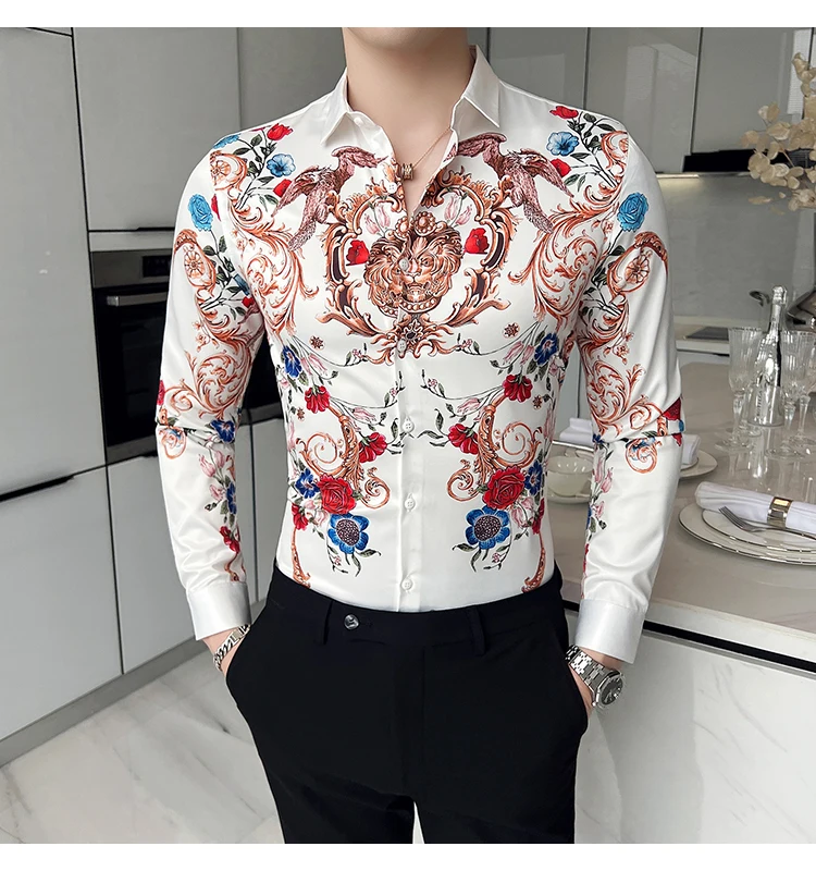 Мужская приталенная деловая рубашка, Высококачественная Мужская рубашка с длинным рукавом и принтом, новая модная мужская Клубная одежда 
Мужская приталенная деловая рубашка, Высококачественная Мужская рубашка с длинным рукавом и принтом, новая модная мужская Клубная одежда