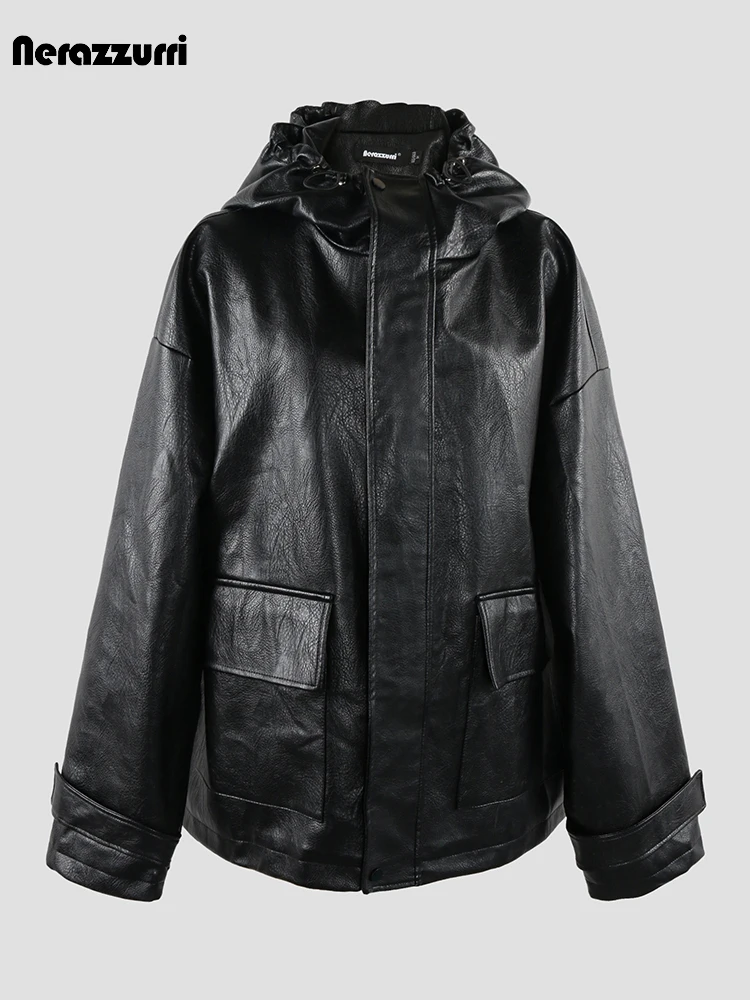 Nerazzurri Autumn Winter Oversized Windproof Black White Pu Leather Jacket Men with Hood Pockets Zip Up Luxury Designer Clothes
Nerazzurri Autumn Winter Oversized Windproof Black White Pu Leather Jacket Men with Hood Pockets Zip Up Luxury Designer Clothes