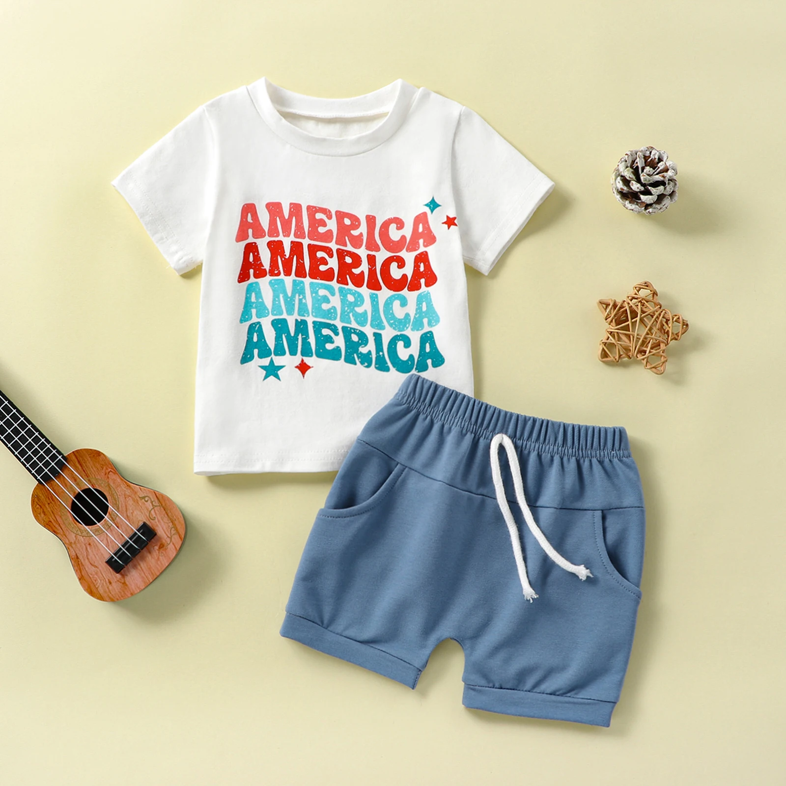 Independence Day Baby Boys Outfits Summer Casual Letter Print Short Sleeve T-Shirt and Elastic Rolled Hem Shorts Set
Independence Day Baby Boys Outfits Summer Casual Letter Print Short Sleeve T-Shirt and Elastic Rolled Hem Shorts Set