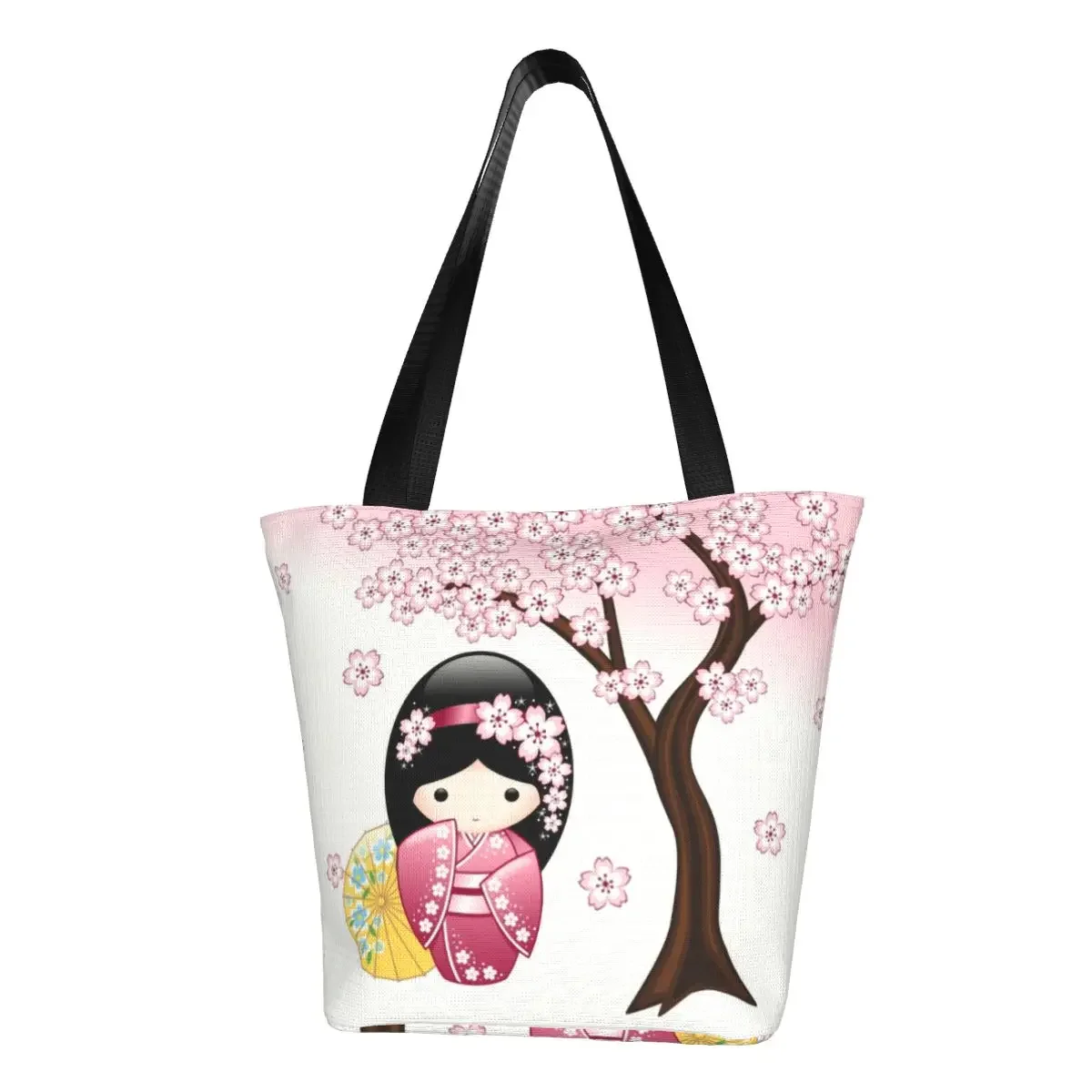 

Custom Japanese Kokeshi Doll Shopping Canvas Bags Women Reusable Groceries Cute Girly Sakura Cherry Blossom Tote Shopper Bags