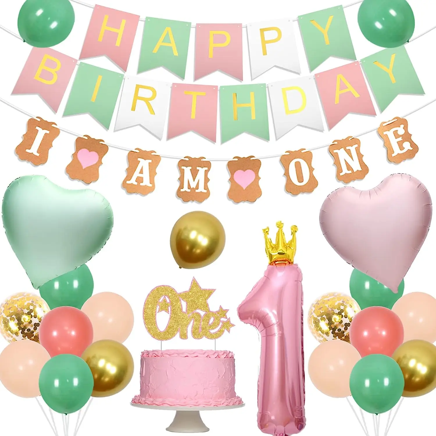 

Украшение на 1-й день рождения для девочки, шалфей, зеленые и розовые фотообои для торта, Топпер, сердце, фольгированные воздушные шары для первого дня рождения, товары