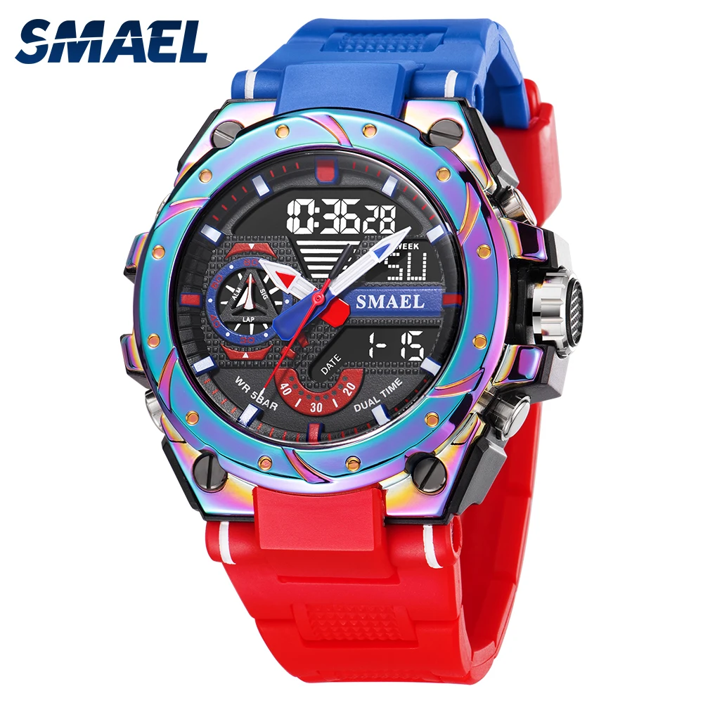 

Quartz Watch For Men Smael Wristwatches Watcholorful Red Bracelet 50m Waterproof Alarm Clock Analog Digitals 8060 Sport Watches