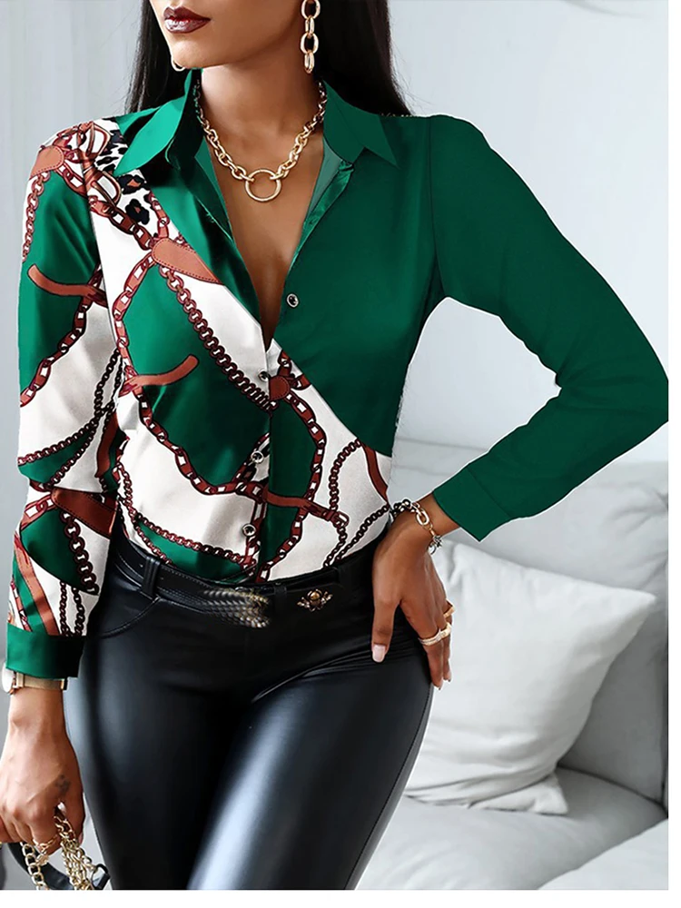 Women's Long Sleeve Print Blouse Turn-down Collar Buttons Elegant Shirt Ladies Office Wear Spring 
Women's Long Sleeve Print Blouse Turn-down Collar Buttons Elegant Shirt Ladies Office Wear Spring