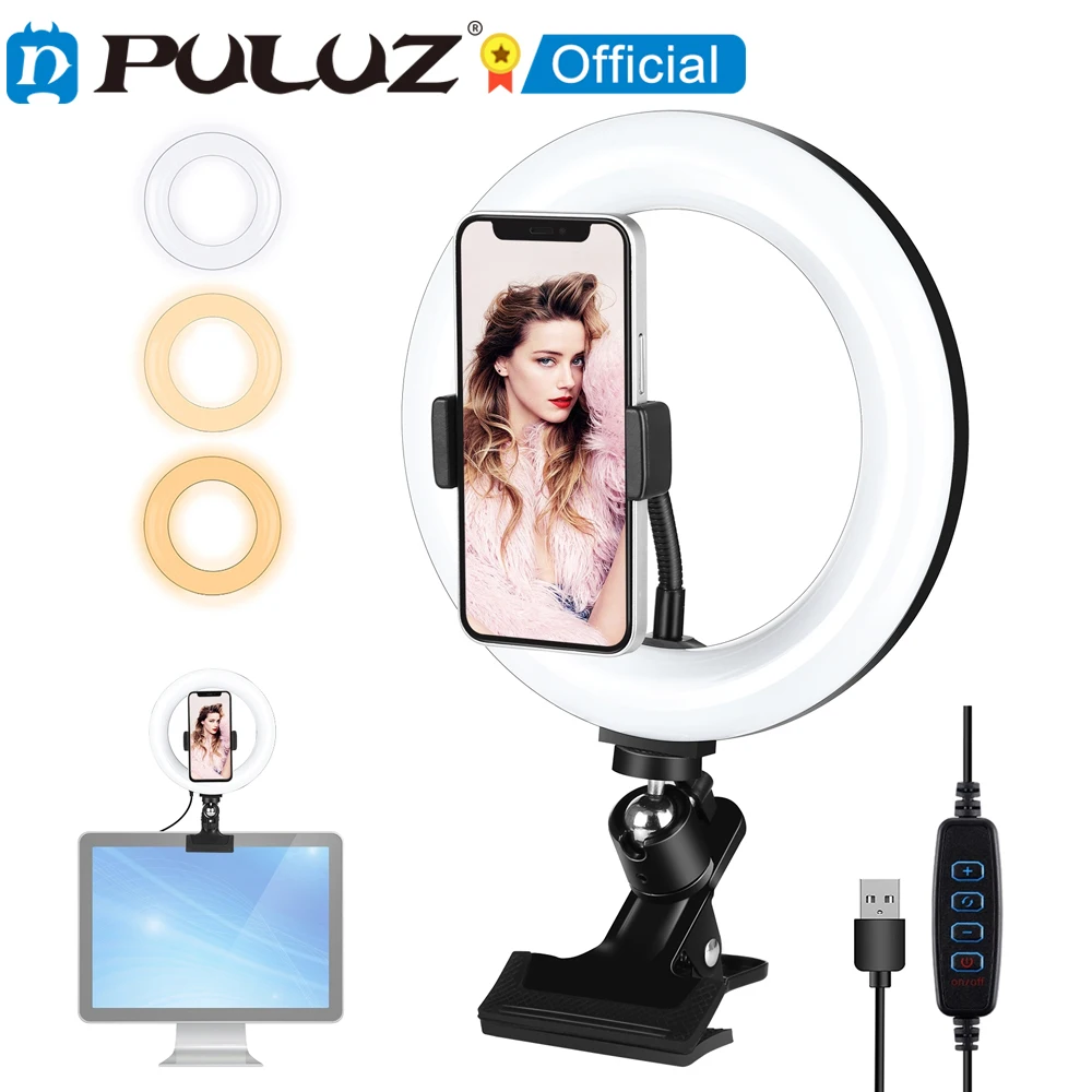 

Кольцевой светильник для селфи PULUZ 10,2/7,9 дюйма + зажим для монитора, 3 режима, USB, с регулируемой яркостью, двойная цветовая температура, светод...