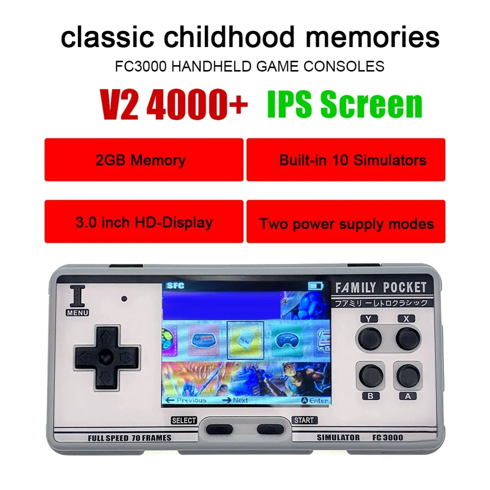 Классическая портативная игровая консоль FC3000 в стиле ретро, 4000 + игр, игровая консоль с IPS экраном, лучший подарок-серый
Классическая портативная игровая консоль FC3000 в стиле ретро, 4000 + игр, игровая консоль с IPS экраном, лучший подарок-серый
