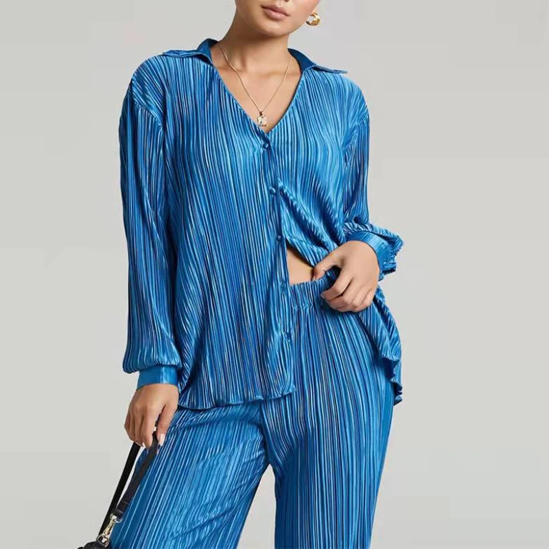 Summer Autumn Loose Pleated Two-Piece Suit Women's Long Sleeve Single Breasted Shirt Top High Waist Wide Leg Pants Trousers Suit 
Summer Autumn Loose Pleated Two-Piece Suit Women's Long Sleeve Single Breasted Shirt Top High Waist Wide Leg Pants Trousers Suit
