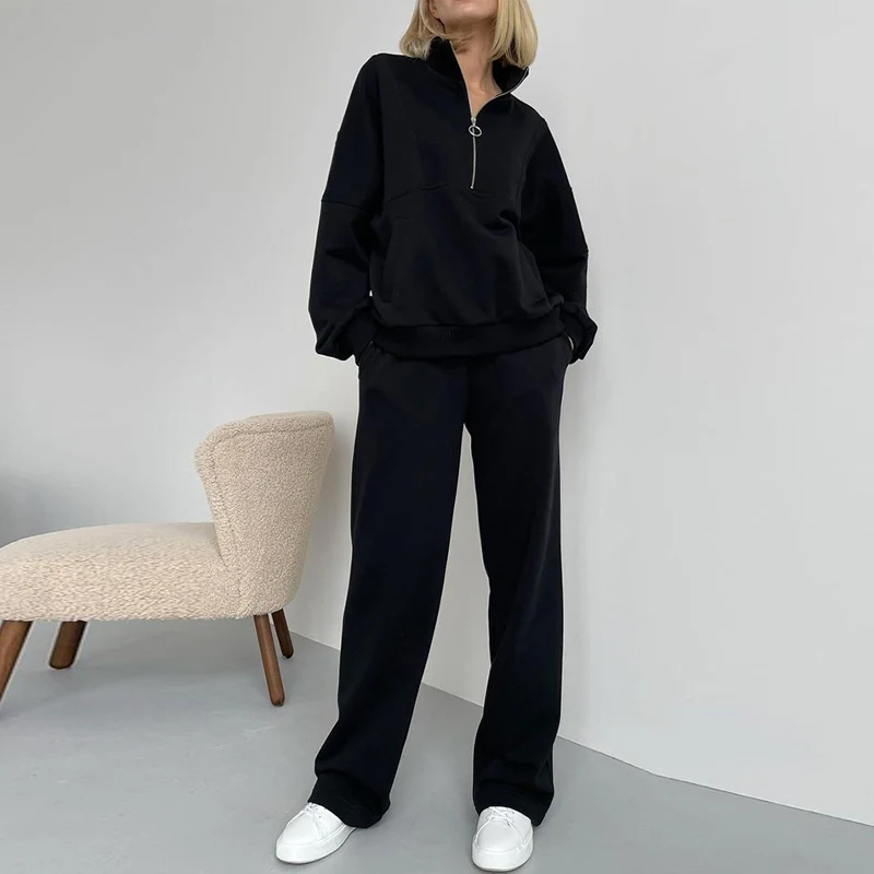 Women Casual Long Sleeve Stand Collar Zip Pullover Sweatshirt and Straight Pants Suit Fashion Solid Color Loose Lady 2 Piece Set
Women Casual Long Sleeve Stand Collar Zip Pullover Sweatshirt and Straight Pants Suit Fashion Solid Color Loose Lady 2 Piece Set