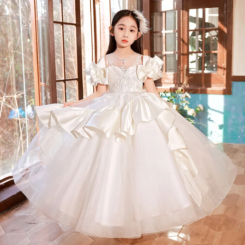 

Girl Princess Layered Tulle Dress Infant Petal Sleeve Bowknot Ruched Frocks Flower Kid White Ball Gown for Wedding Birthday Gala