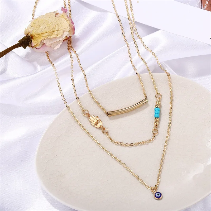 European And American Fatima's Hand Eye 3 Layers Necklace Fashion Ethnic Style Bent Tube Turquoise Women's Jewelry Gifts
European And American Fatima's Hand Eye 3 Layers Necklace Fashion Ethnic Style Bent Tube Turquoise Women's Jewelry Gifts