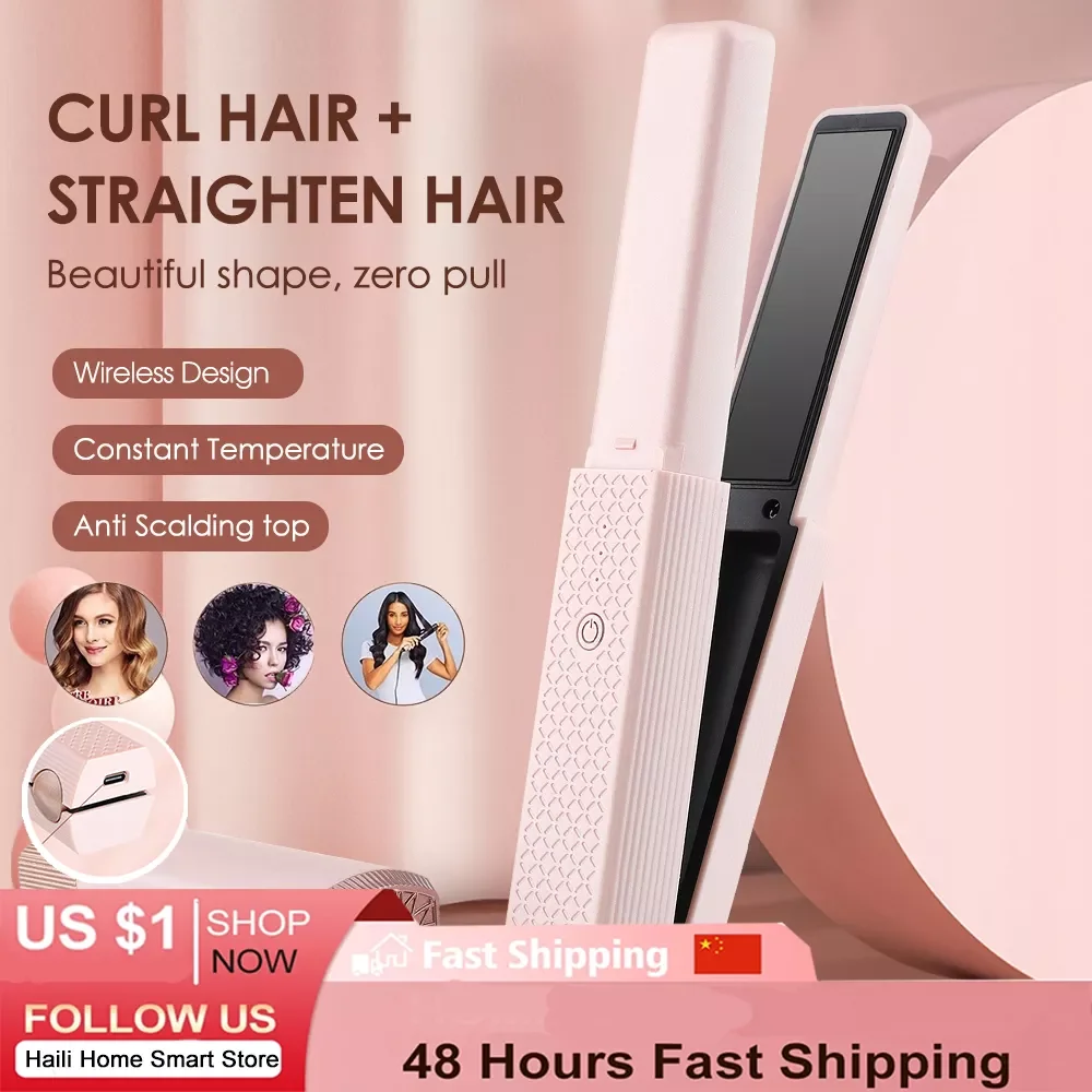 

NEW 2023 2in1 Professional Hair Straightener Fast Heat USB Flat Iron Curling Straightening Salon 3Gear Curling Iron Wet Dry Hai