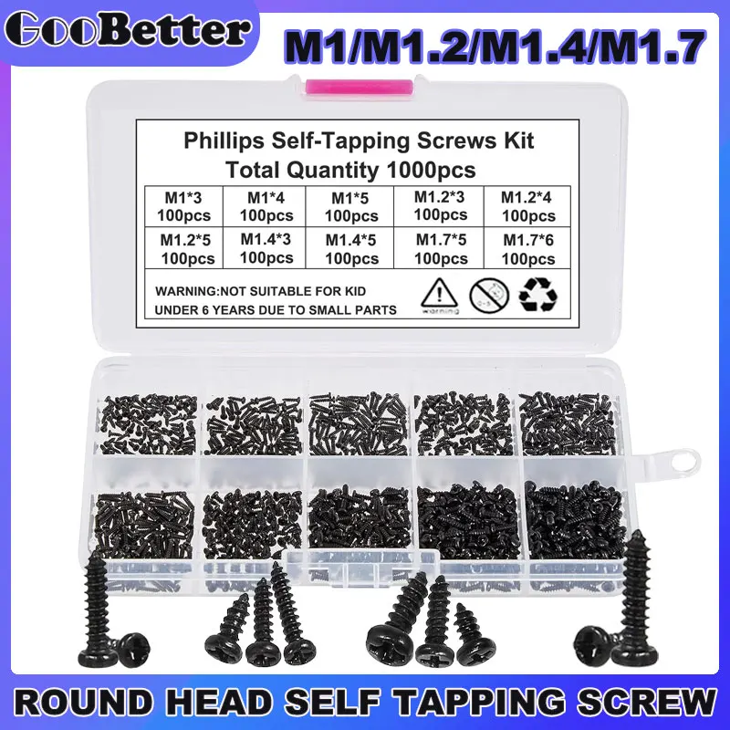 

1000Pcs M1 M1.2 M1.4 M1.7 Mini Screw Set Phillips Round Head Self-Tapping Small Wood Screws for Glasses Laptop Accessories Kit