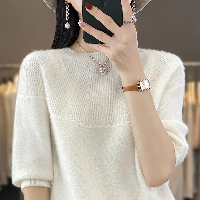 Spring And Summer New 100% Pure Wool Knitted Short-Sleeved Women's Round Neck Jacquard Loose Pullover Bottoming Shirt Sweater
Spring And Summer New 100% Pure Wool Knitted Short-Sleeved Women's Round Neck Jacquard Loose Pullover Bottoming Shirt Sweater
