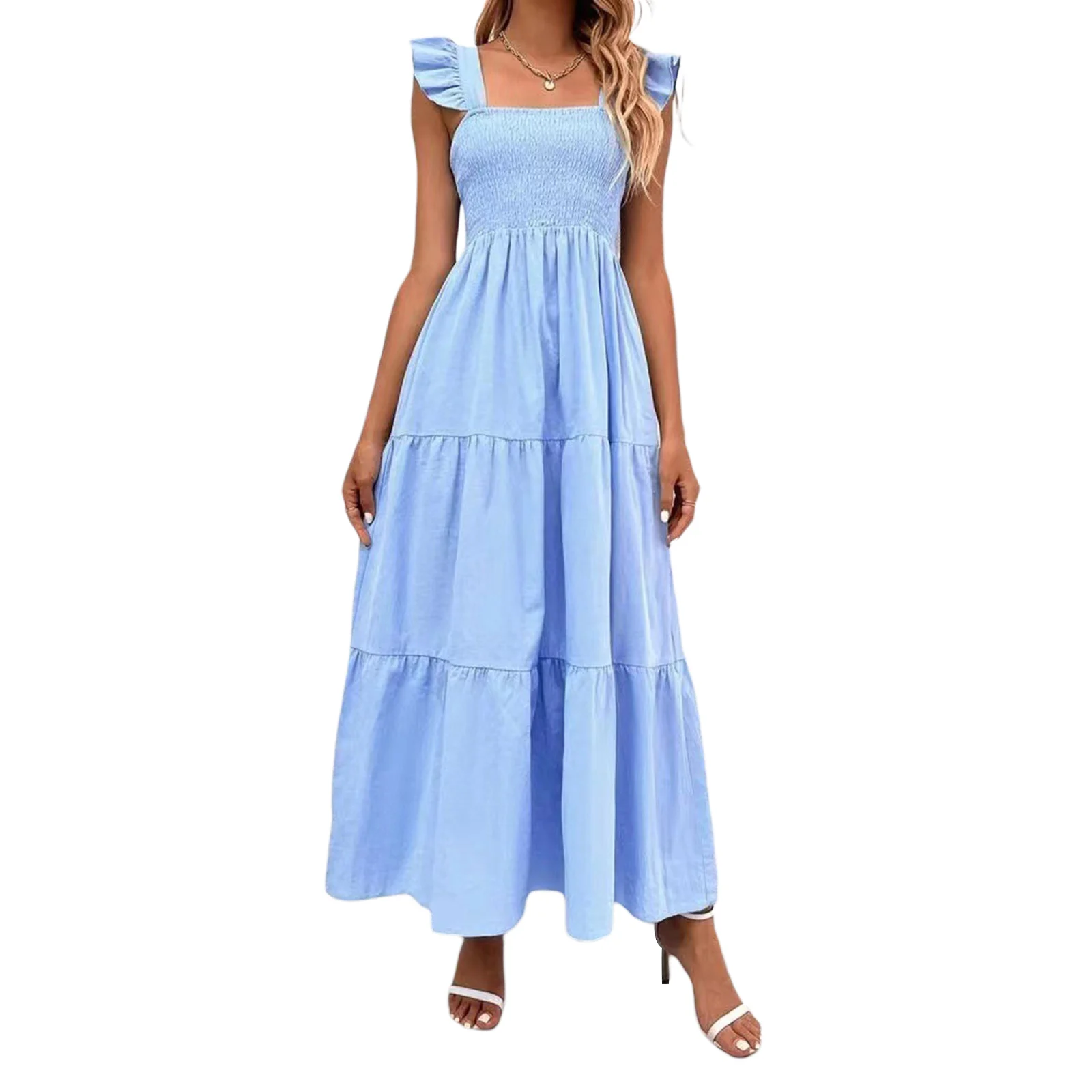 

Женское длинное свободное платье-трапеция, однотонное летнее платье с квадратным вырезом и рукавом «летучая мышь»