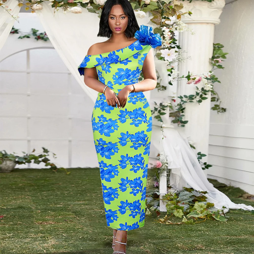 Sexy One Shoulder Sleeveless Big Bow Tie Floral Printed Blue Dress Evening Party Dress Women Elegant African Slim Bodycon Dress
Sexy One Shoulder Sleeveless Big Bow Tie Floral Printed Blue Dress Evening Party Dress Women Elegant African Slim Bodycon Dress