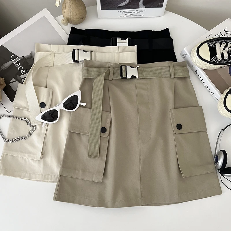 

Fashion Casual Hundred Double Pocket Workwear High Waist Half Skirt Short Skirt A Word Package Hip Skirt Female with Belt