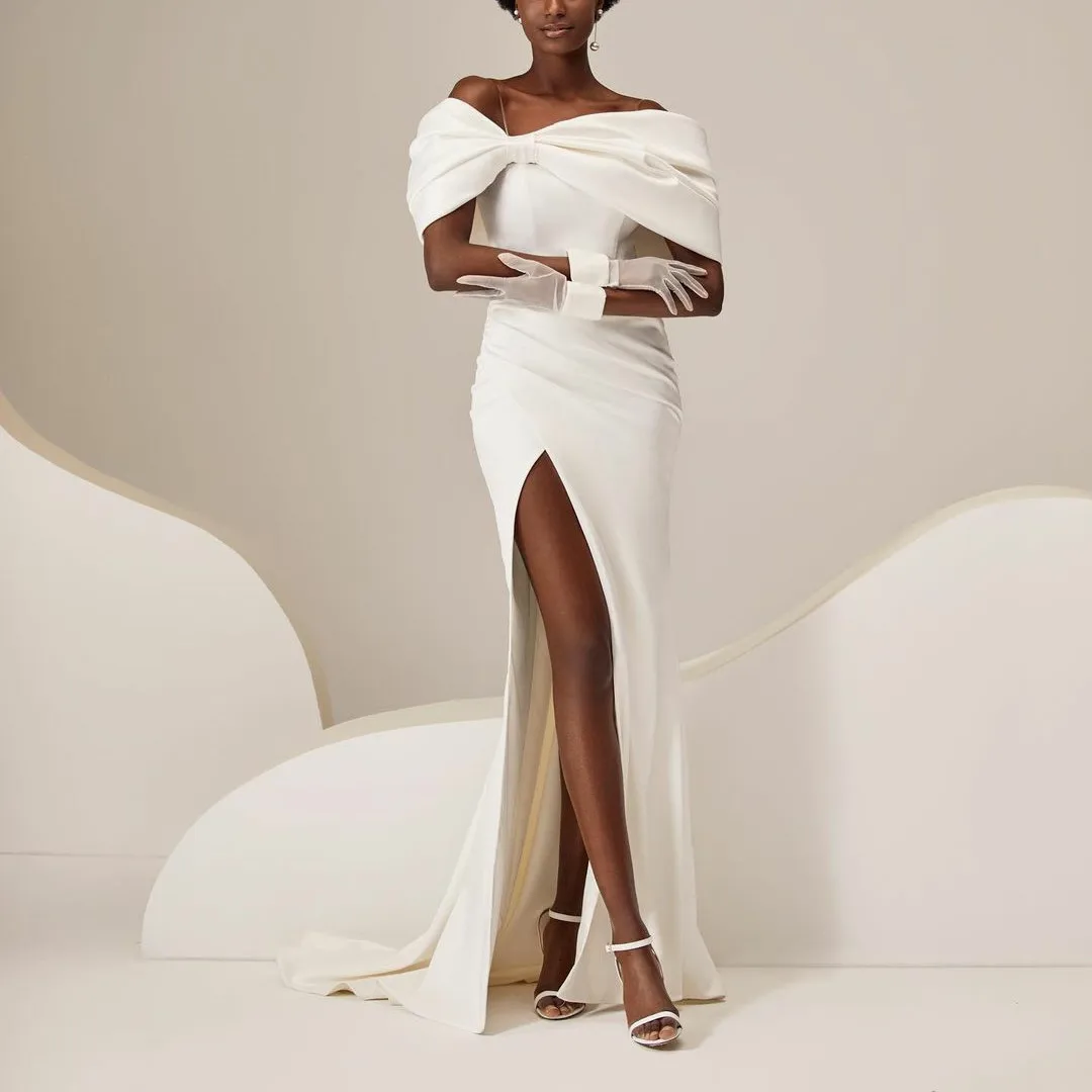 Chic Long Off Shoulder Crepe Wedding Dresses With Slit Mermaid Pleated Small Train Ivory Bridal Dress Vestido de Noiva for Women
Chic Long Off Shoulder Crepe Wedding Dresses With Slit Mermaid Pleated Small Train Ivory Bridal Dress Vestido de Noiva for Women