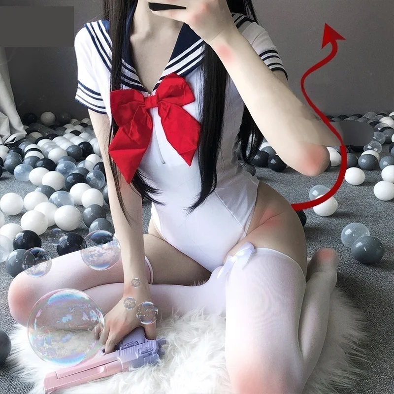 

New Sexy Costumes School Girls Cosplay Exotic Apparel For Women Short Sleeves Bodysuit Adorable Swimsuit With Rosette 2022