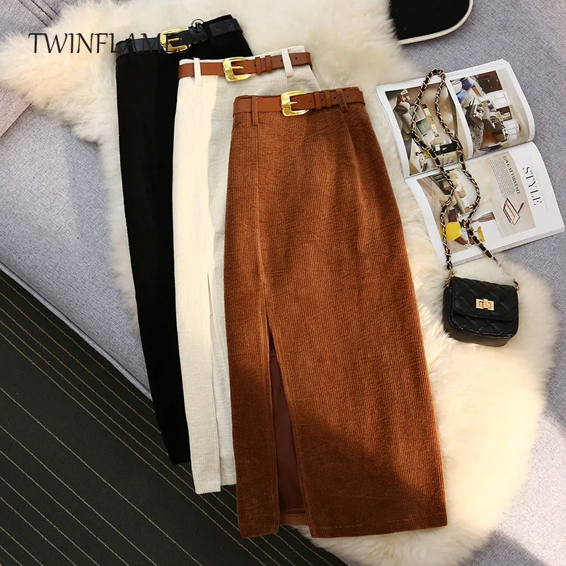 

TWINFLAMES Vintage Women Skirt With Side Slit Midi Skirts A-line Hight Waist Sashes Elegant Korean Fashion Corduroy Black Skirt