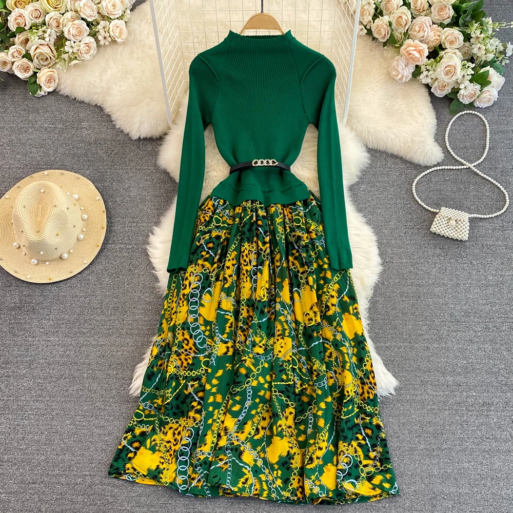 Женское платье с поясом и длинным рукавом, зеленое трикотажное платье до середины икры
Женское платье с поясом и длинным рукавом, зеленое трикотажное платье до середины икры