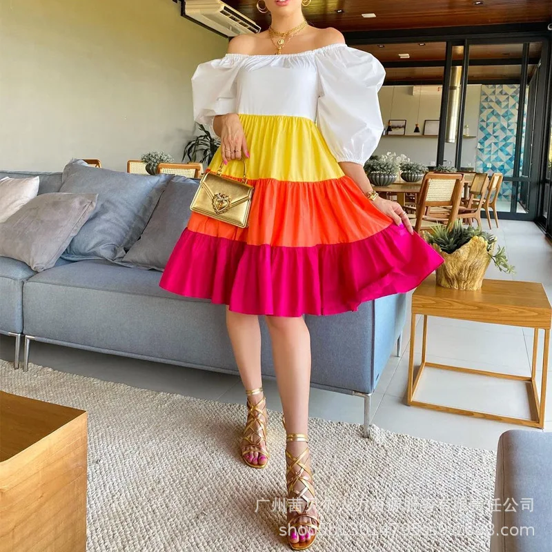 Women's Dress Women's Sexy Short Lantern Sleeve Slash Neck High Waist Dress Summer Fashion Pleated Stitching Loose Dress
Women's Dress Women's Sexy Short Lantern Sleeve Slash Neck High Waist Dress Summer Fashion Pleated Stitching Loose Dress