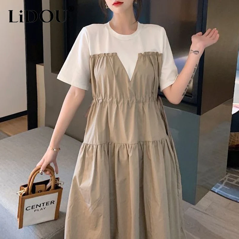 2023 Summer New Oversize Fake Two Pieces Ladies Dresses Women Round Neck Short Sleeve Contrast Color Midi Dress Ladies Ball Gown
2023 Summer New Oversize Fake Two Pieces Ladies Dresses Women Round Neck Short Sleeve Contrast Color Midi Dress Ladies Ball Gown