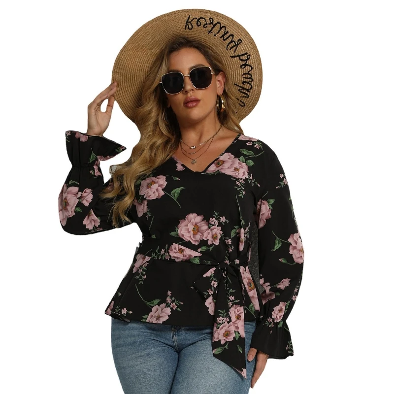 Женская блузка с длинным рукавом-фонариком и V-образным вырезом 
Женская блузка с длинным рукавом-фонариком и V-образным вырезом